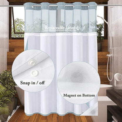 Gibelle Long Shower Curtain 72x80, Waffle Weave Bathroom Shower Curtain with Snap-in Fabric Liner Set, No Hooks Needed, Hotel Style with Mesh Top Window, Fog Blue