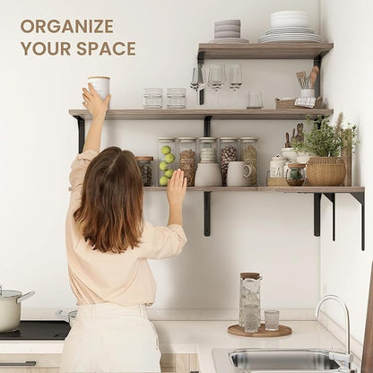 Fun Memories Floating Shelves for Wall, 12 Inch Deep Floating Shelves Set of 2, Wall Mounted Shelf with Metal Brackets, Rustic Wood Wide Shelf for Bathroom, Kitchen and Living Room, Grey, 24W x 12D