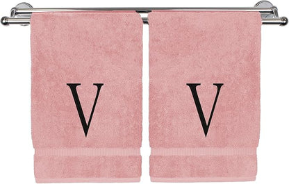 Monogrammed Hand Towel, Personalized Initial Gift, Extra Absorbent 100% Turkish Cotton - Soft Terry Finish - Set of 2 - Black Block Initial V - Embroidered on Pink Towels