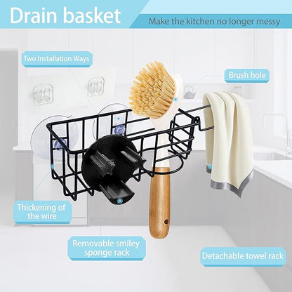 Sponge Holder Smile Face with Dish Cloth Hanger for Kitchen Sink, In-sink Caddy Organizer with Suction Cups & Adhesive Strips, Rustproof Sponge Rack for Soap, Brush, Scrubber - Black