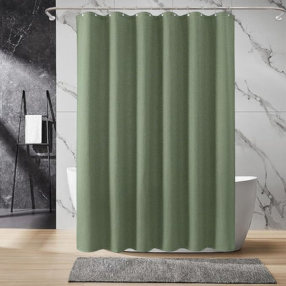 Inhousolu Fabric Shower Curtain Waffle Weave, Sage Green 230 GSM Heavy Duty, Weighted Hem, 12 Metal Hooks, Water Repellent, Machine Washable, Hotel Spa Luxury Bath Curtain Set, 54 x 78 Inch