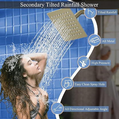 Shower Faucet Set Brushed Gold Shower System, Knob Switch Diverter Shower Faucet with High Pressure Handheld Spray, Ceiling Mount 12 Inch Shower Head with 6 Inch Wall Mount Shower Head