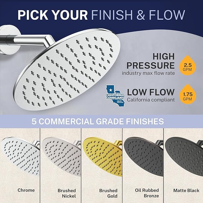 HammerHead Showers Solid Metal Round 8 Inch Rainfall Shower Head, High Flow Shower Head Optimized for Pressure, Brushed Nickel, 1.75 GPM