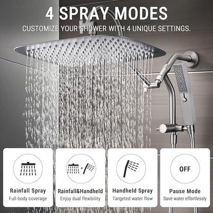G-Promise 14 Inches Shower Faucet Sets Complete, All Metal Rainfall Shower Head and Handle Set, Extended Downward Diverter, Extension Arm and Pressure Balance Rough-in Valve Included