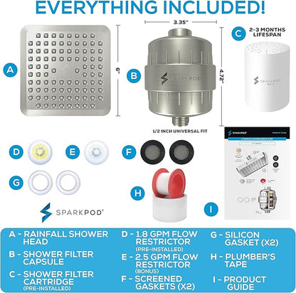 SparkPod Luxury Filtered Shower Head Set 23 Stage Shower Filter - Reduces Chlorine and Heavy Metals - High Pressure Showerhead Filter (6" Square, Elegant Brushed Nickel)