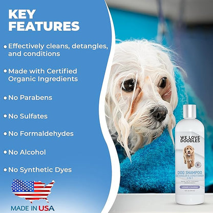 We Love Doodles Pet Rubber Bath Brush and Dog Shampoo (Bundle) - For Shower Scrubbing & Soothing Massage and Organic Dog Shampoo, Conditioner & Detangler - Made in the USA