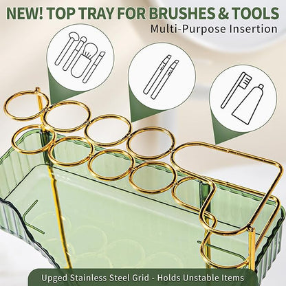 Upgraded 2-Tier Corner Bathroom Countertop Organizer – Spacious Storage for Makeup, Skincare & Perfumes, Built-in Brush Holder Fits Vanity/Dresser/Bsthtub (Sage Green)