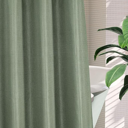 MitoVilla No Hooks Needed Extra Long Shower Curtain Liner Set, Sage Green 86 inch XL Waffle Fabric Shower Curtains Set with Snap-in Liner for Luxury Hotel Grade & Spa-Like Bathroom Decor