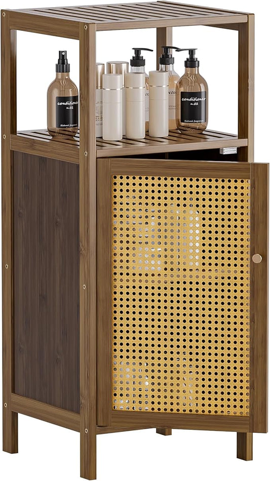 HITNET Rattan Bathroom Floor Cabinet, Bamboo Storage Cupboard with Single Door, Freestanding Small Living Room Sideboard, Space Saving Entryway Storage Unit, Walnut