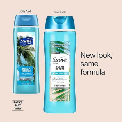 Suave Moisturizing Body Wash, with Ocean Breeze Scent and Vitamin E Extract, No Parabens, No Phtahaltes, 18 Oz Pack of 6