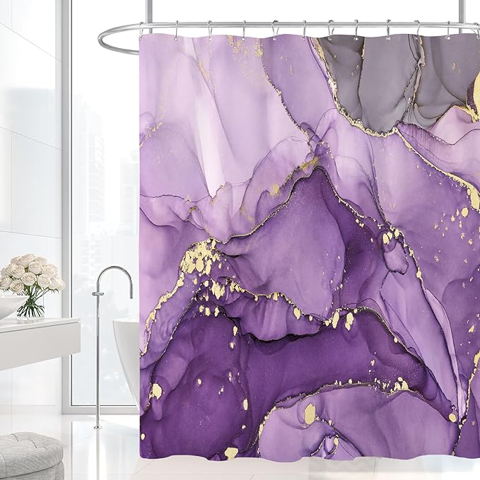 Extra Long Shower Curtain 72 x 96 Inch, Purple Floor to Ceiling X-Long Abstract Marble Shower Curtains for Bathroom, Modern Luxury Art Ink Fabric Shower Curtain Set with Hooks