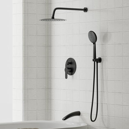 Gabrylly Shower System with Tub Spout, Black Bathtub Shower Faucet Set with 3-Way Pressure Balance Valve Kit, 10" Rain Head with Handheld Spray, Matte Black