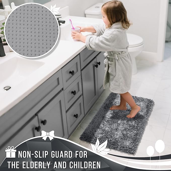 Yimobra Chenille Bathroom Rugs Non Slip, Extra Thick Soft Absorbent Bath Rug 31.5x20 Inch, Machine Washable Quick Dry Bath Mat for Bathroom Floor, Tub and Shower, Home Decor Accessories, Silver