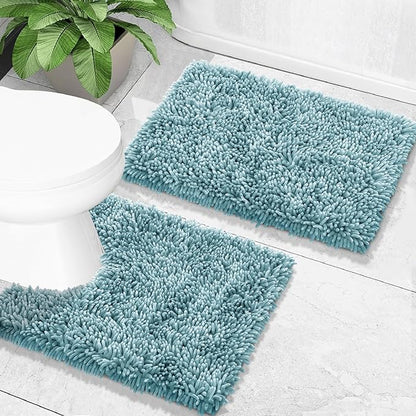 Yimobra Toilet Rugs U Shaped Washable, Extra Thick Soft Absorbent Chenille Contour Bathroom Rugs for Toilet 24x24 Inch, Quick Dry Non Slip Toilet Mat for Bath Floor, Greyish Blue