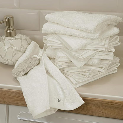 Tens Towels Pack of 60 Washcloths, 12 x 12 Inches, Lighter Weight, Quick to Dry, Super Soft & Absorbent, Gentle Face Towels, Hotel Quality, Perfect for Bathroom, Gym, Spa (Ivory, 60 Pack)