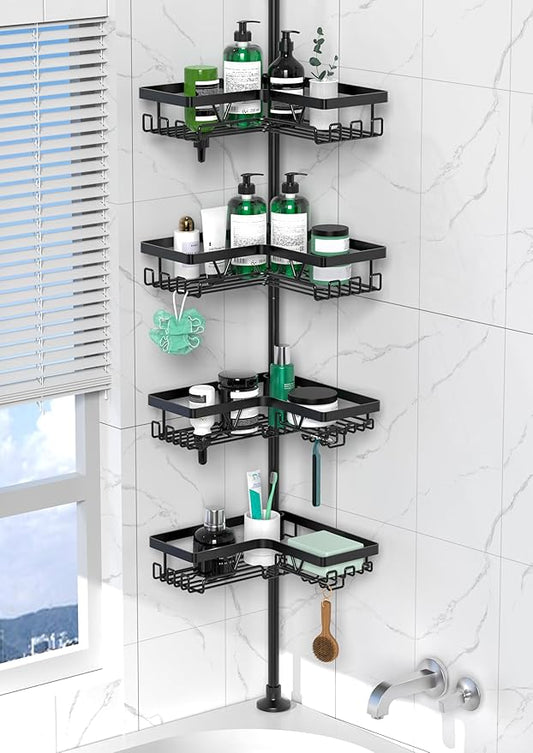 Corner Shower Caddy Tension Pole - 4 Tier Stainless Steel Rustproof Shower Corner Caddy for Bathtub Bathroom Shower Organizer Shelves Adjustable Pole 25-114.2 Inch Black