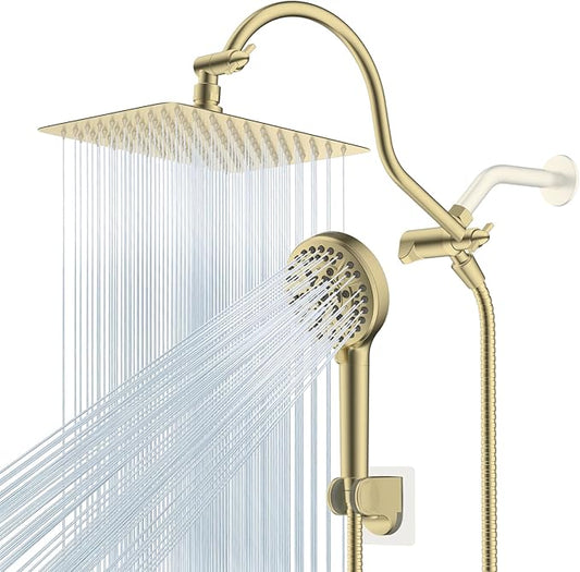 Hibbent All Metal CUPC Certified Shower Head, 10'' High Pressure Rainfall Shower Head, Handheld Showerhead Combo, 12'' Adjustable Extension Arm, 10 Sprays, 71'' Hose, Shower Holder, Brushed Gold