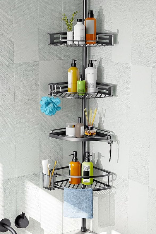 HAMITOR Corner Shower Caddy Tension Pole: Quick Installation 4-Tier Rustproof Bathroom Organizer Shelves for Bathtub Shampoo Storage - 47-121 inch Adjustable Floor Standing Bath Rack Holder Gray