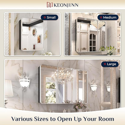 Keonjinn 20 x 26 Inch Chrome Recessed Medicine Cabinets, Mirrored Bathroom Medicine Cabinet, Elegant Silver Stainless Steel Framed, Adjustable Shelves, in Wall or Surface Mount, Soft Closing, Modern