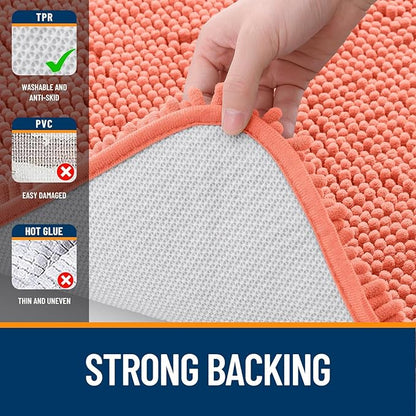 OLANLY Bathroom Rugs Sets 2 Piece, Soft Absorbent Chenille Bath Mats and U-Shaped Contour Toilet Mat Area Rug Set, Machine Washable Bath Carpet, Home Decor Accessories(30"x20"+24"x20", Coral)