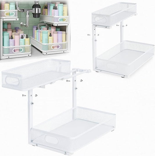 2 Pack Under Sink Organizer, Dual-Layer Pull Out Mesh Cabinet Rack with 5-Level Height Adjustment, Rust-Resistant Sliding Storage for Bathroom & Kitchen, Multi-Purpose 2-Tier Shelf