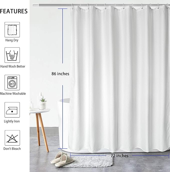 AooHome Extra Long 72x86 Inch Shower Curtain, Fabric Waffle Weave Decor Bath Curtain with Hooks, Weighted Hem, Heavy Weight, Water Repellent, White, 72 Width by 86 Height Inch