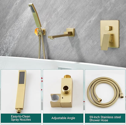 DASAN Swiveling Wall Mount Tub Filler Faucet Set with Hand Held Shower, Brushed Gold Modern Creative Bathtub Faucet Wall Mounted Bath Tub Faucet with High Flow Rough in Valve, SA-TF05WH-BG