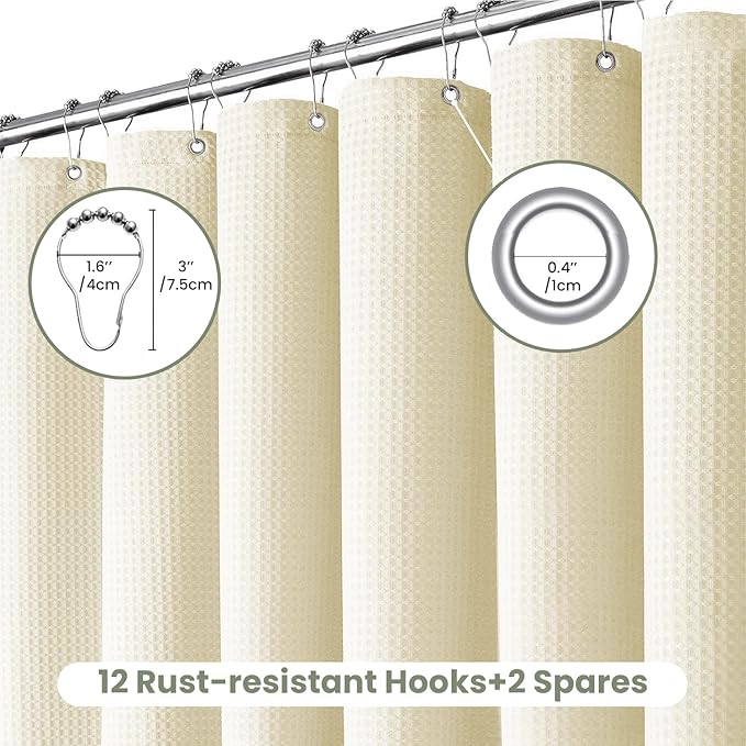 Inhousolu Fabric Shower Curtain Waffle Weave, 230 GSM Heavy Duty, Weighted Hem, 14 Metal Hooks, Water Repellent, Machine Washable, Hotel Spa Luxury Bath Curtain Set, 72 x 72 Inch, Ivory