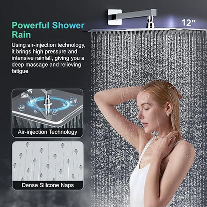 SR SUN RISE 12 Inch Slide Bar Shower System, Square Rain Shower Head and Handheld Spray, Wall Mounted Shower Faucets Sets Complete Included Valve and Shower Trim Kit, Polished Chrome