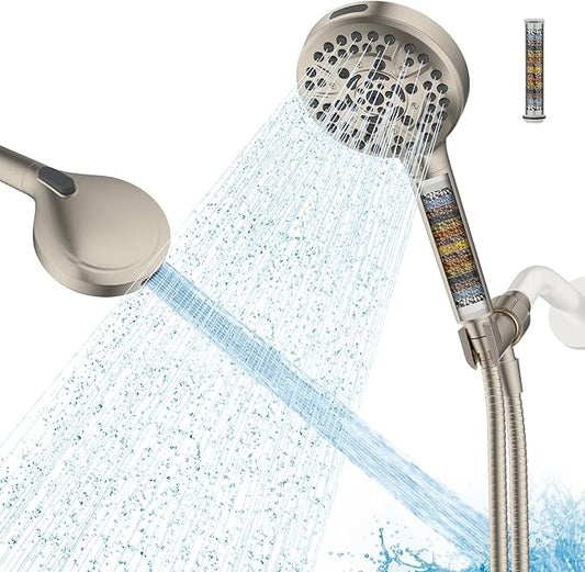 Hibbent Filtered Shower Head with Handheld, High Pressure 10 Spray Showerhead with Filters, Water Softener for Hard Water-Remove Chlorine, Reduces Dry Itchy Skin, Improve Skin& Hair, Brushed Nickel