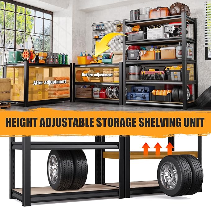 AOARGG 78" H Garage Shelving, 5-Tier Heavy Duty Storage Shelves, Adjustable Metal Shelving Unit, Utility Garage Organizer Shelf, for Basement Warehouse Pantry, 45.6" W x 19.7" D x 78" H, Black