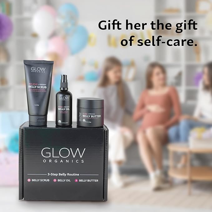 Glow Organics Stretch Mark Cream Belly Butter, Scrub and Oil, 3-Step Pregnancy Skin Care Kit, Belly Butter for Stretch Marks, Organic, Pregnancy & Baby Registry Must Haves, Mother To Be Gift.