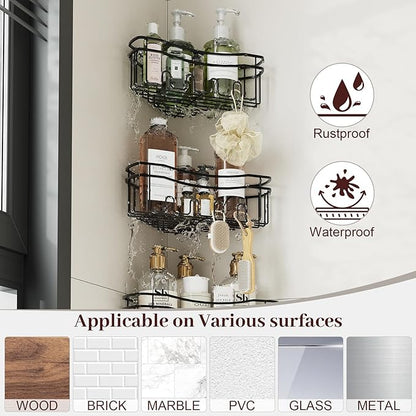 Black corner shower caddy with depth caddy and Built in 12 hooks rustproof wall mounted No drilling No marring adhesive bathtub corner storage for bathroom kitchen and laudry room