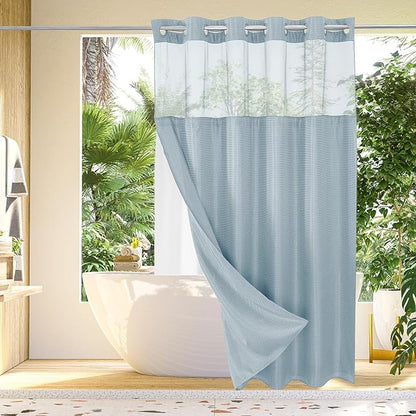 Gibelle Long Shower Curtain 72x80, Waffle Weave Bathroom Shower Curtain with Snap-in Fabric Liner Set, No Hooks Needed, Hotel Style with Mesh Top Window, Fog Blue