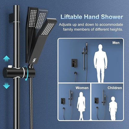 SR SUN RISE 10 Inch Slide Bar Shower Faucet Luxury High Pressure Shower Heads and Handheld Spray Combo Set Wall Mounted Shower System Included Valve and Trim Kit, Matte Black