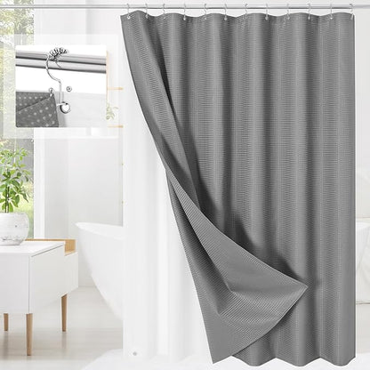 3 in 1 Extra Long Shower Curtain Set-72 W x 84 H, Grey Waffle and PEVA Liner Set with 12 Stainless Steel Hooks, Waterproof Fabric for Bathroom