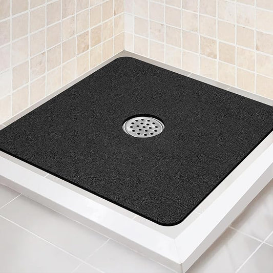 Shower Mat Non Slip,27 x 27 Inch Extra Large Bath Mat with Drain,Soft Square Loofah Shower Stall Mat Bathtub Mat for Bathroom,Without Suction Cups (Black)
