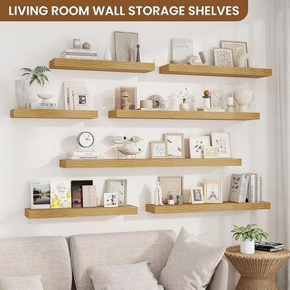 fuqing Floating Shelves for Wall, Wall Mounted Wood Floating Shelf with Invisible Brackets for Living Room, Bathroom, Bedroom, Kitchen Storage and Decor, 16 Inch Set of 2, Oak