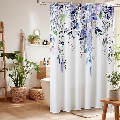 Colorful Star Green Eucalyptus Waterproof Shower Curtain Set with Hooks, Minimalist Watercolor Floral Print Bathroom Décor, Plant Leaves Washable Fabric Shower Curtain, 72 x 72 Inch