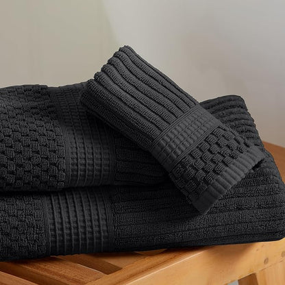 Springtree Home 100% Cotton Bath Towel Set of 4 | Super Soft & Absorbent with Quick-Dry Fibers | 4 Bath Towels | Textured and Durable Cotton | Krista Collection - Black Ink