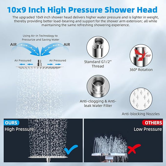 Hibbent All Metal Rain Filtered Shower Head, 10'' High Pressure Rainfall Showerhead with 16" Shower Head Extension Arm, 20 Stage Shower Filter, Solid Brass Adjustable Shower Arm Extender, Chrome