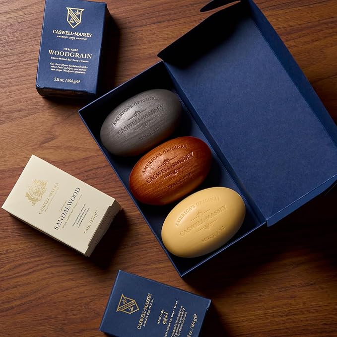Caswell-Massey Men’s Bar Soap Gift Set - 2571, Woodgrain & Sandalwood - Moisturizing Triple-Milled Body Wash Bars for All Skin Types, Plant-Based & Essential Oils Formula, Made in USA, 3 x 5.8 oz
