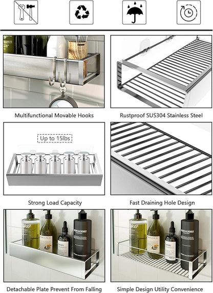 Bathroom Adhesive Shower Caddy Basket Shelf with Hooks, No Drilling Removable Bathroom Shelf Organizer,Stainless Steel Rustproof Shower Rack for Shampoo Storage, Sponge Holder-Silver