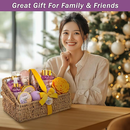 Bath Spa Gift Sets - Luxury Basket With Honey & Lavender - Spa Kit Includes Wash, Bubble Bath, Lotion, Bath Salts, Body Scrub, Body Spray, Shower Puff, Bathbombs, Soap and Towel