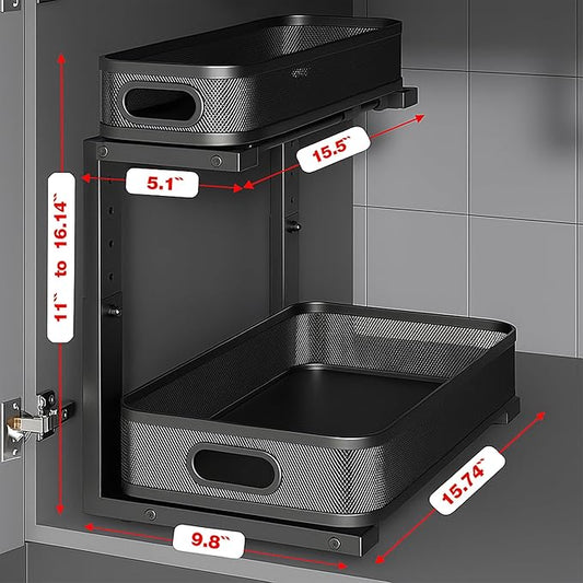 2 Pack Under Sink Organizer, Dual-Layer Pull Out Mesh Cabinet Rack with 5-Level Height Adjustment, Rust-Resistant Sliding Storage for Bathroom & Kitchen, Multi-Purpose 2-Tier Shelf(Black)