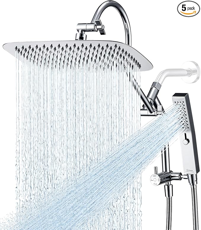 G-Promise All Metal 12 Inch Shower Head with Massage Mode Handheld, Rain Shower Head with Handheld Spray Combo, 3-Way Diverter with Pause Setting, 13 Inch Adjustable Extension Arm (Polished Chrome)