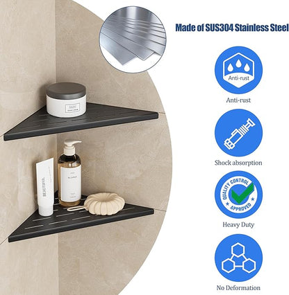 Neodrain 12 Inch Matte Black Corner Shelf Set of 2,Shower Shelves for Tile Wall Insert, 304 Stainless Steel Storage for Bathroom, No Drilling