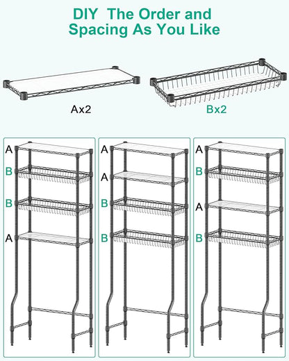 Over The Toilet Storage, 4-Tier Over Toilet Shelf Organizer Metal Storage Rack Freestanding Bathroom Space Saver with Adjustable Shelves and Baskets, Gray