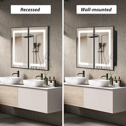 APRILSOUL 40X32 Inch Black Bathroom Medicine Cabinet with Mirror, Recessed or Surface Lighted Medicine Cabinet with 3 Colors Temperature, Dimmable Light