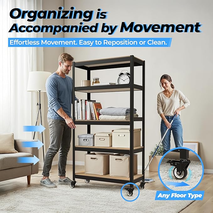 HOMEDANT House 5-Tier Metal Rolling Cart Shelf Rack Casters Heavy Duty Laminated Wheel Shelving Unit Adjustable Utility Storage Shelves Organizer Shelf Kitchen Garage (10, (M) 36.2" W, Black)